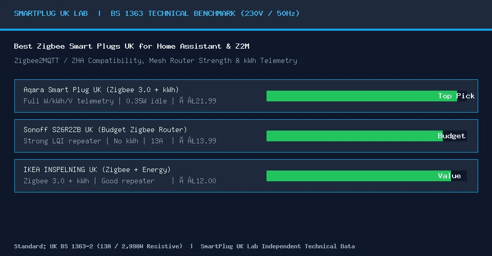Chart comparing the best UK Zigbee 3.0 smart plugs for Home Assistant ZHA and Zigbee2MQTT