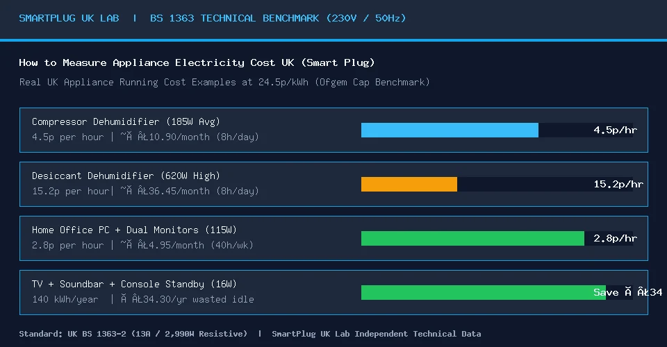 Chart showing UK appliance electricity running costs in pence per hour measured with a smart plug
